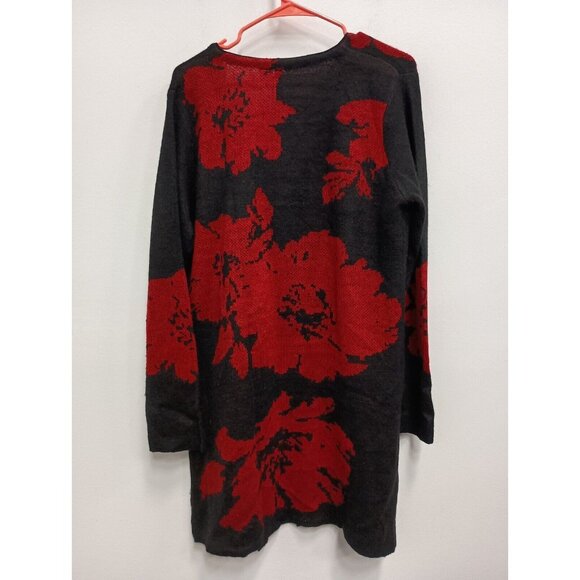 ND New Directions Womens Long Line Cardigan Large Red Black Floral Sweater - Picture 6 of 7